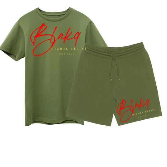 BLAKQ BY MIGUEL CELINE LUXURY T-SHIRT & SHORTS SET ARMY GREEN
