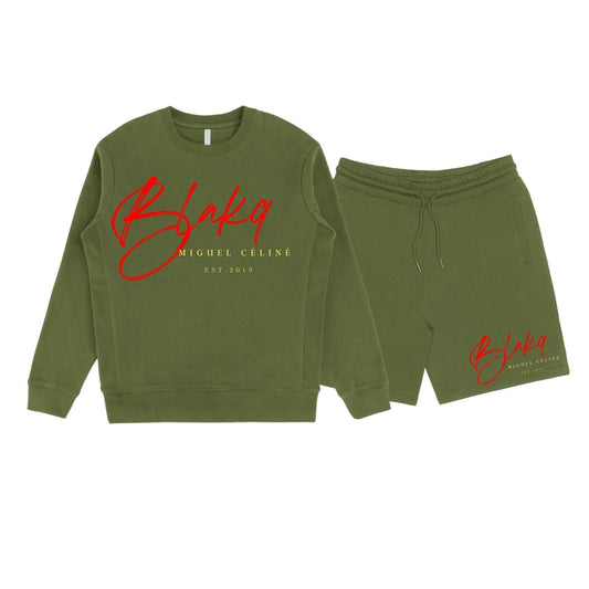 BLAKQ BY MIGUEL CELINE CREW NECK AND SWEAT SHORTS COMBO ARMY GREEN
